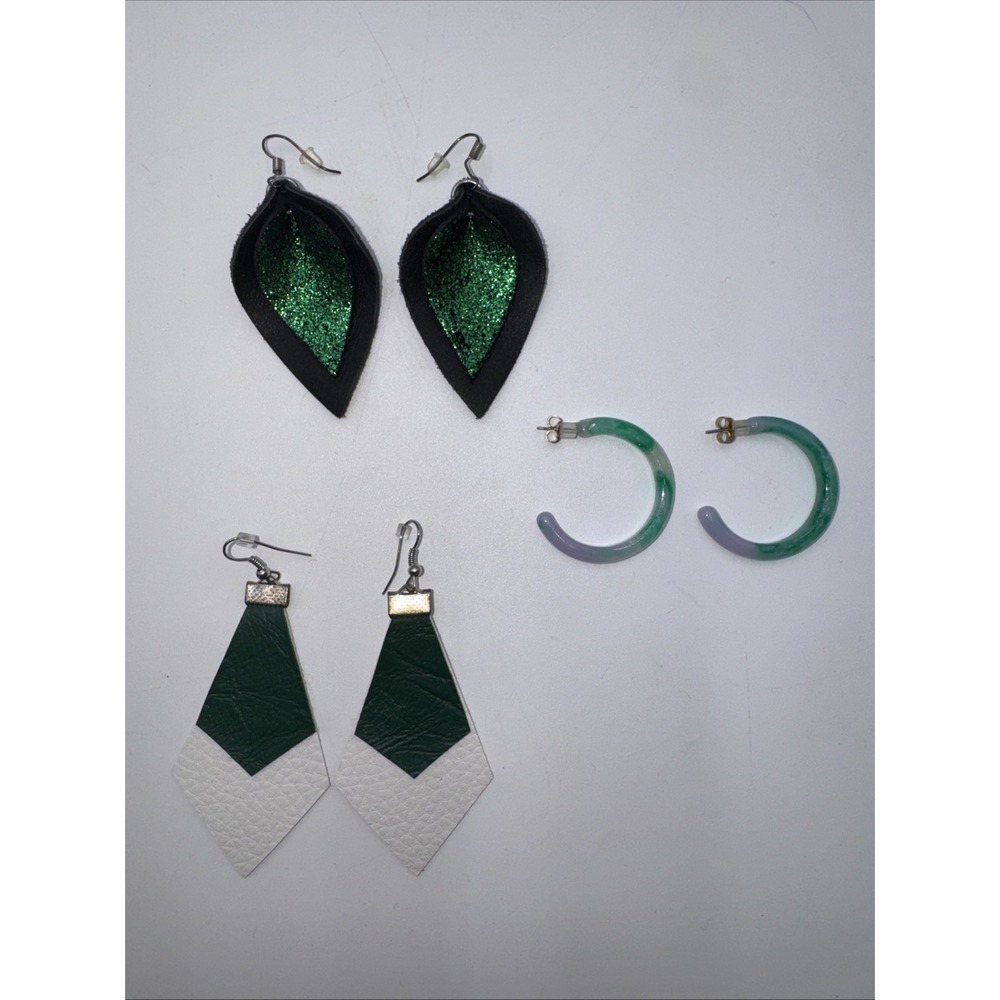 Three Pairs Of Cute Green Black White Dangle Pierced Earrings Handmade Leather